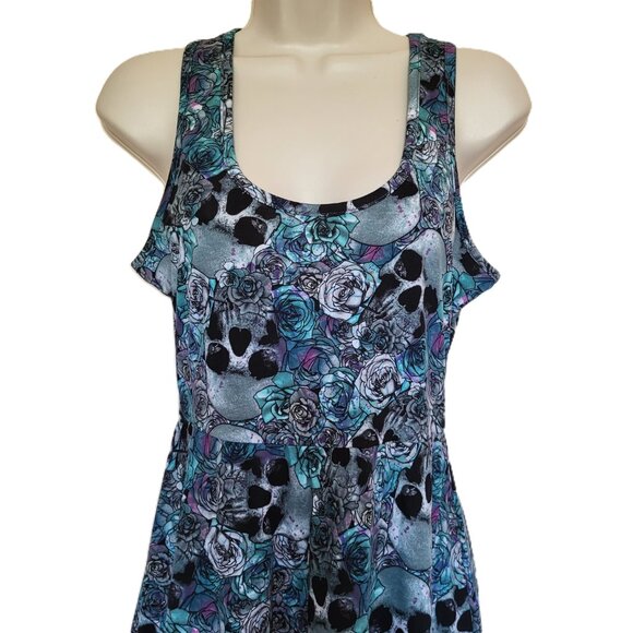 HOT TOPIC Blue Flowy Skulls & Roses Skater Dress Size Small NWOT - Picture 3 of 5